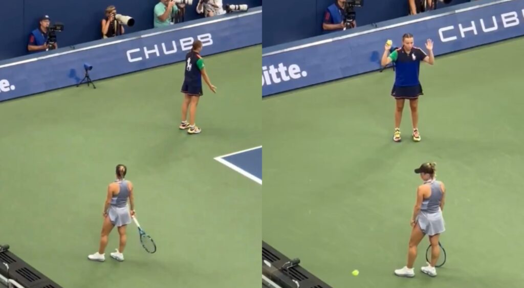 Yulia Putintseva and a ball girl on court