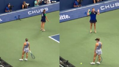 Yulia Putintseva and a ball girl on court