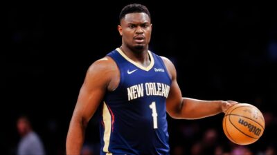 Zion Williamson of the New Orleans Pelicans dribbles.