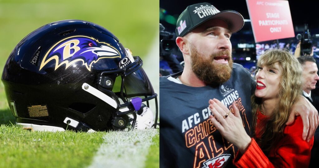 Baltimore Ravens helmet shown on field (left). Travis Kelce and Taylor Swift celebrating (right).