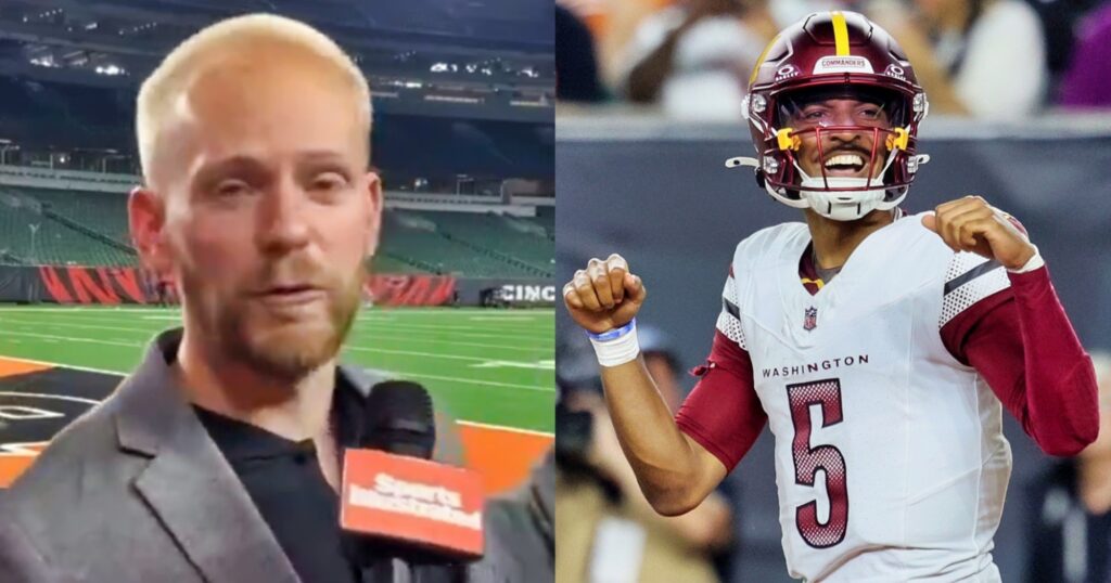 Cincinnati Bengals reporter James Rapien (left). Jayden Daniels (right) looking on.