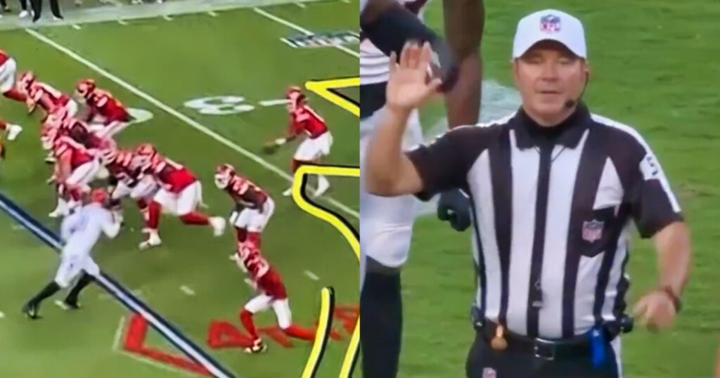 Cincinnati Bengals vs. Kansas City Chiefs (left). NFL referee Alex Kemp (right). Fans are criticzing the NFL refs over a controversial cal.