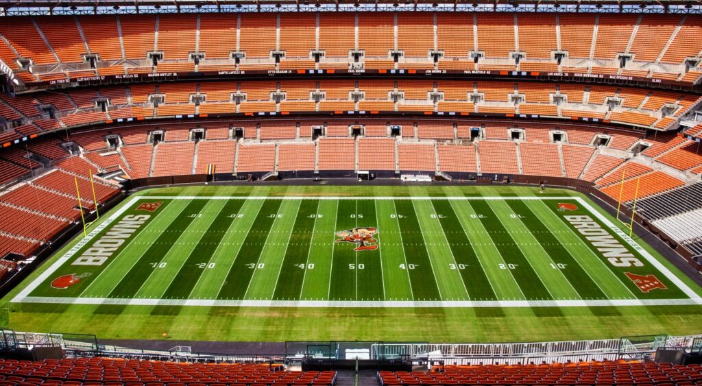 Cleveland Browns stadium. Outside, fans line up days before opening kickoff.