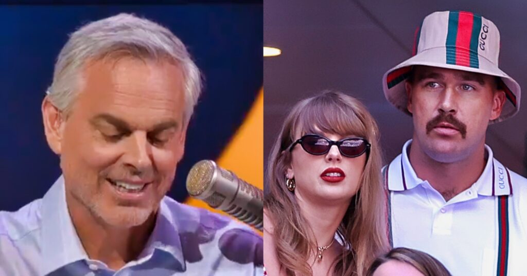 Colin Cowherd speaking on his show (left). Taylor Swift and Travis Kelce wathcing event (right).