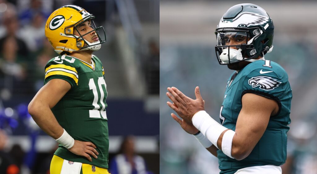 Jordan Love and Jalen Hurts. Starting quarterbacks for Eagles-Packers game