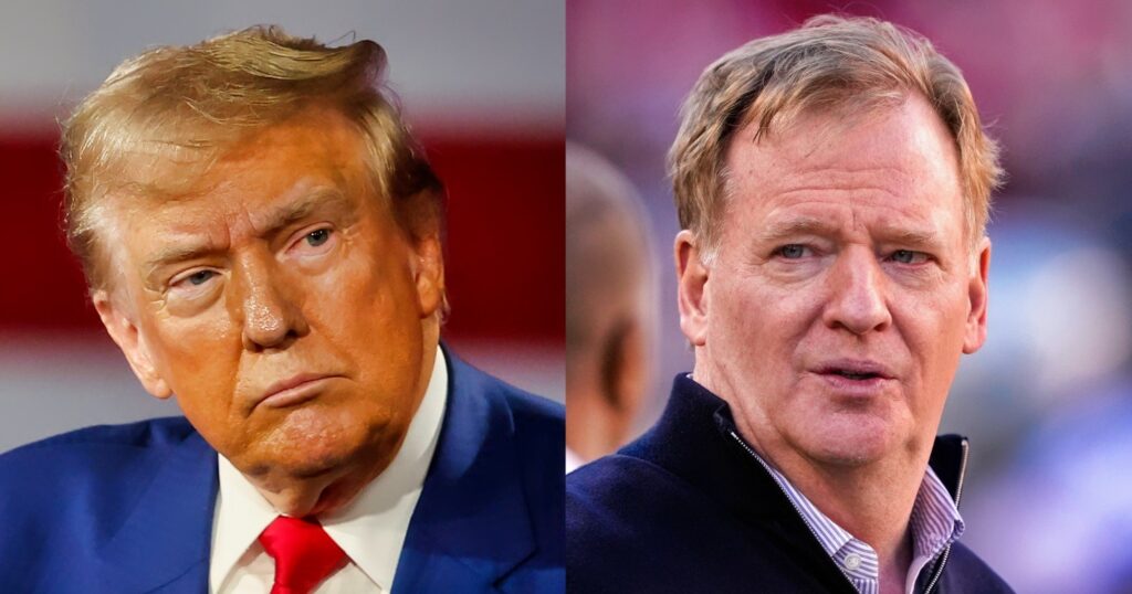 Donald Trump at town hall (left). Roger Goodell looking on (right).