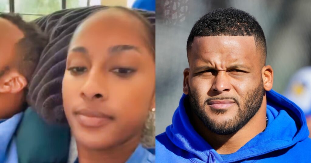 Erica Donald speaking on Instagram story (left). Aaron Donald looking on (right).