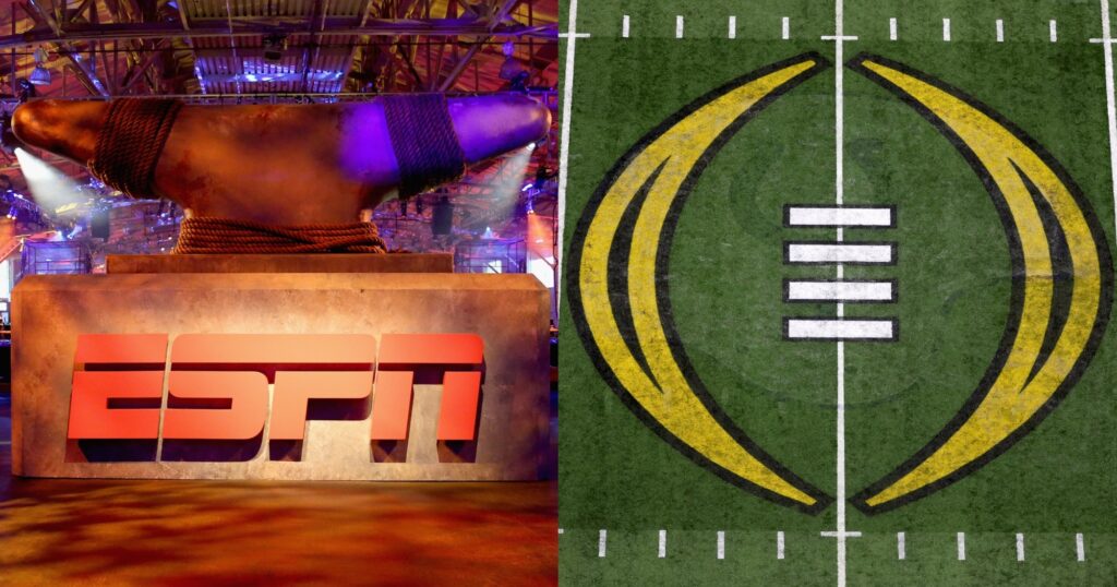 ESPN logo shown at party (left). College Football Playoff logo shown on field (right).