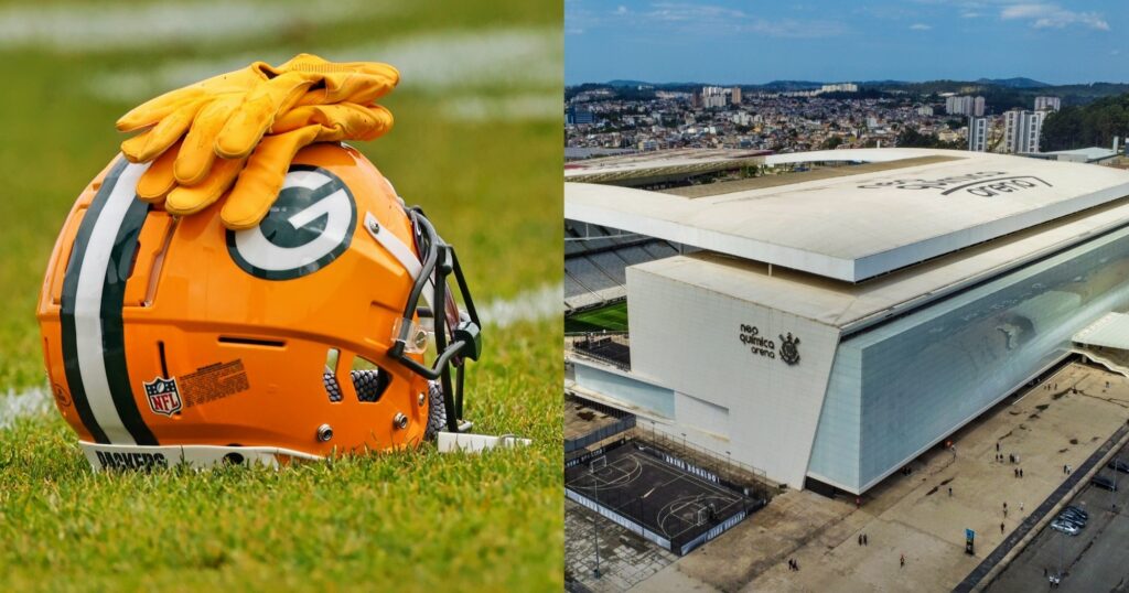 Green Bay Packers helmet (left) and Arena Corinthians (right).