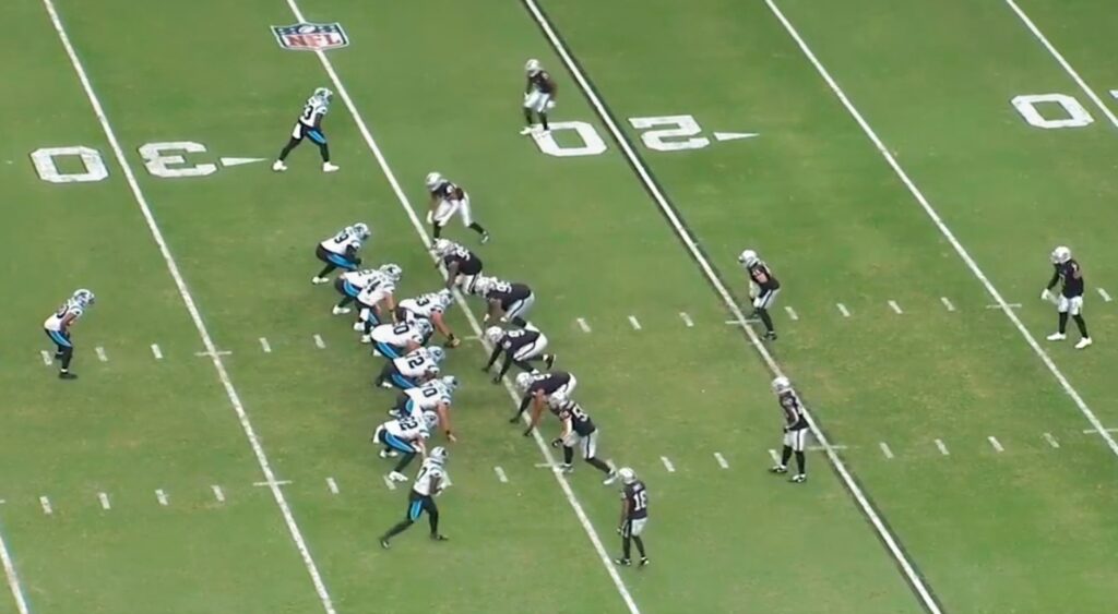 Carolina Panthers unning a play vs. Las Vegas Raiders. Antonio Pierce called out the team's effort.