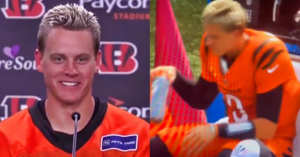 Joe Burrow speaking to reporters (left). Burrow holding water bottle on sideline (right).