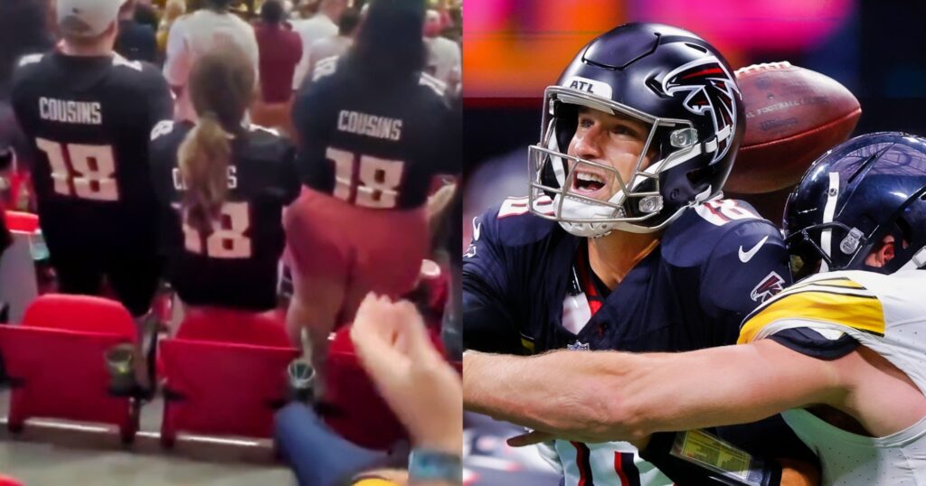 Atlanta Falcons fans watching game (left). Kirk Cousins being sacked by TJ Watt (right).