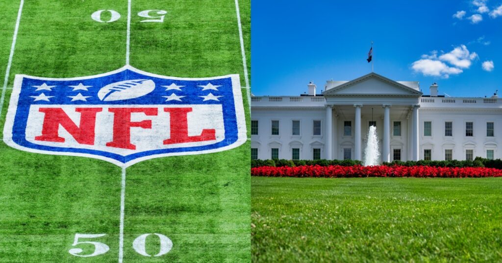 NFL logo shown on field (left). Exterior view of the White House (right). The Philadelpha Eagles are having counterfeit political ads taken down.