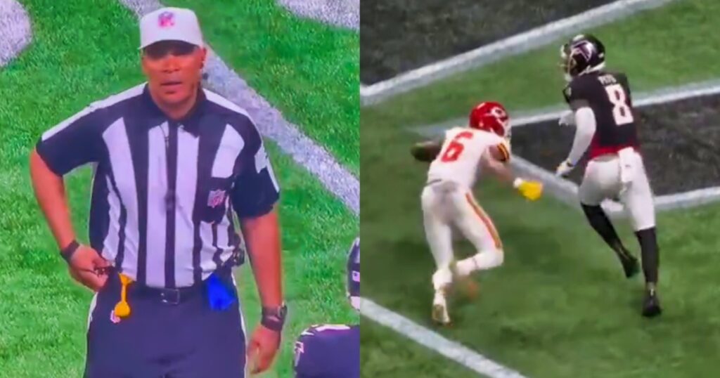 Tre Blake making a call (left). Atlanta Falcons running a play vs. Kansas City Chiefs (right). Fans are criticizing the NFL refs over their performance in this game.