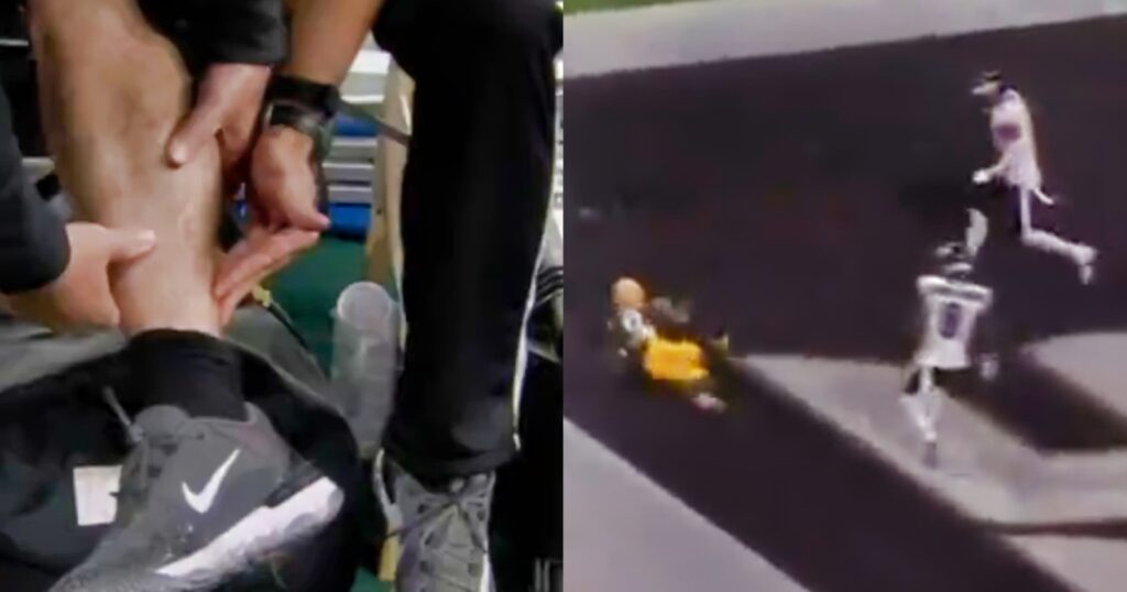 NFL field judge Ryan Dickson having leg injury treated (left). Green Bay Packers and Philadelphia Eagles players track ball in end zone (right).