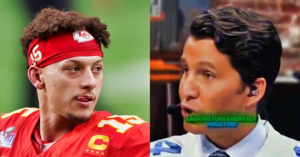 Patrick Mahomes looking on (left). Analyst speaking on ESPN "First Take" (right).