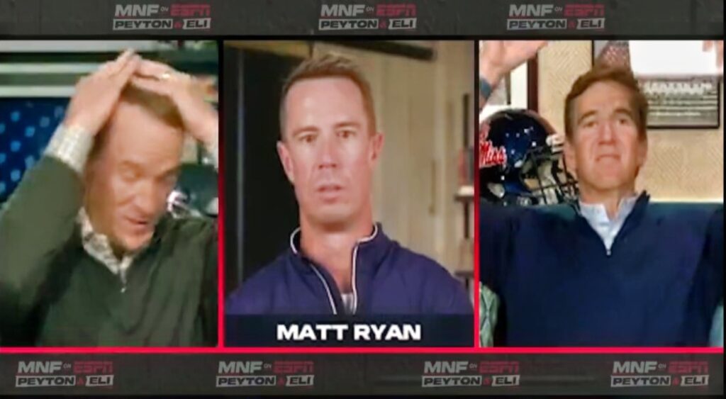 Peyton Manning, Matt Ryan and Eli Manning react on the "ManningCast."