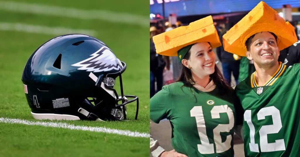 Philadelphia Eagles helmet shown on field (left). Green Bay Packers fans looking on (right).