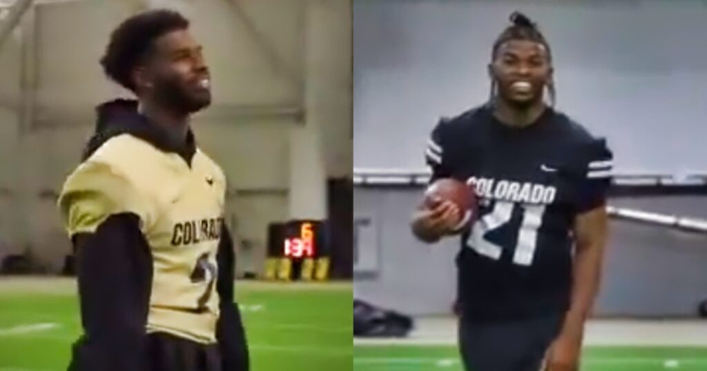 Shedeur Sanders and Shilo Sanders talking in practice.