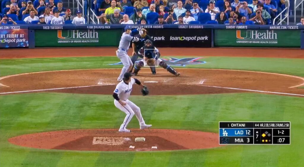 Shohei Ohtani of Los Angeles Dodgers about to hit a home run.