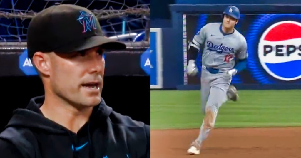 Skip Schumaker speaking in dugout (left). Shohei Ohtani rounding the base (right).