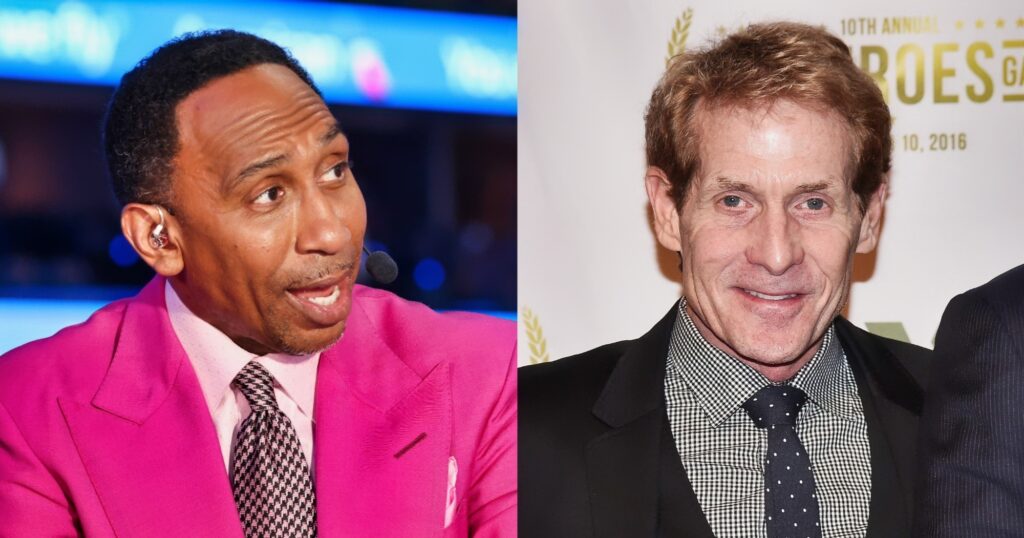 Stephen A. Smith speaking during NBA Finals (left). Skip Bayless looks on at event (right).