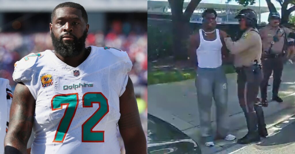 Terron Armstead looking on (left). Tyreek Hill being arrested by officers (right).