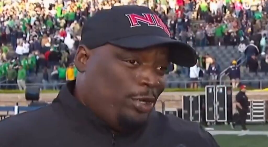 Northern Illinois coach Thomas Hammock speaking after game.