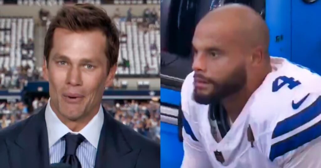 Tom Brady speaking in broadcast booth (left). Dak Prescott looking on from sidelines (righT).