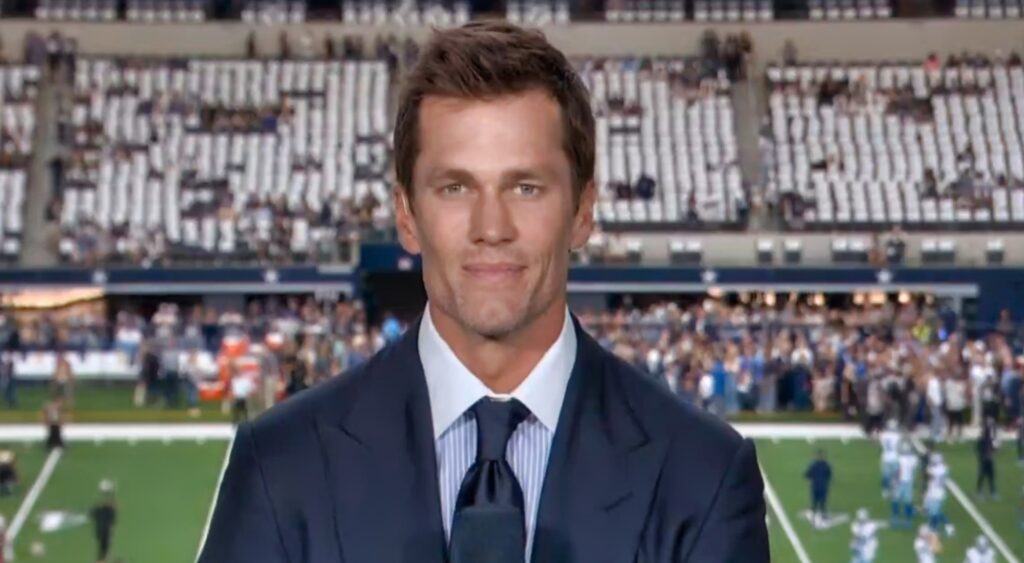 Tom Brady speaking in FOX Sports broadcast booth.