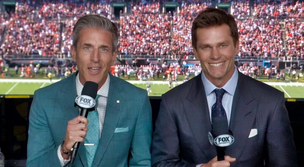 Tom Brady and Kevin Burkhardt speaking on TV.