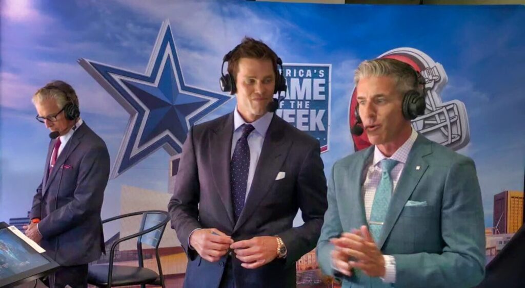 Mike Pereira, Tom Brady and Kevin Burkhard in FOX NFL broadcast booth.