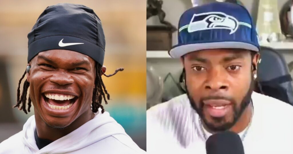 Travis Hunter looking on (left). Richard Sherman speaking on show (right).