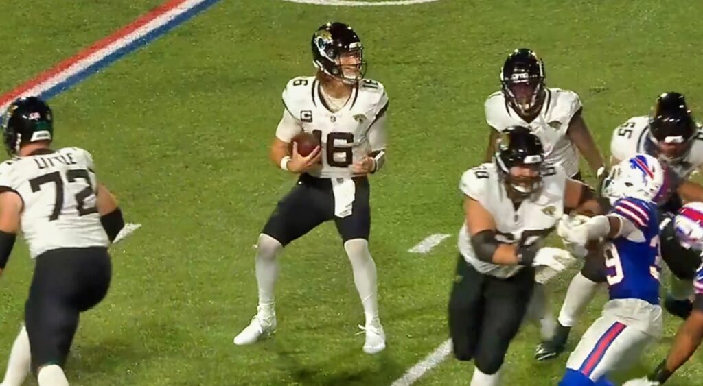 Trevor Lawrence of Jacksonville Jaguars looking to throw.