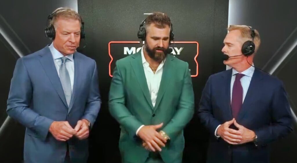 Troy Aikman, Jason Kelce and Joe Buck in broadcast booth.