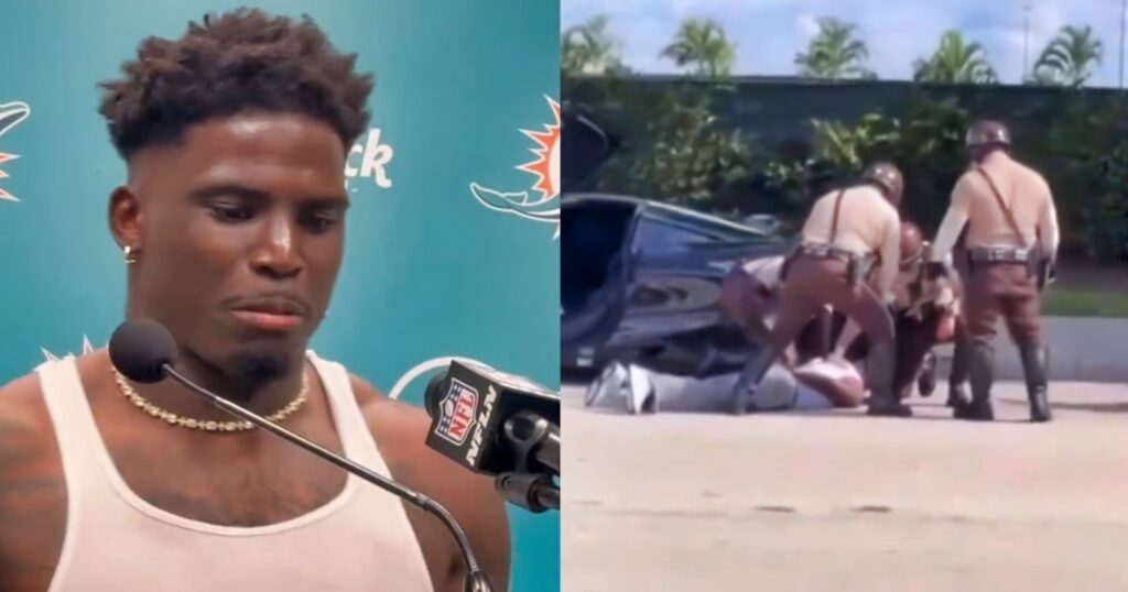 Tyreek Hill speaking to reporters (left). Hill being arrested by police officers (right).