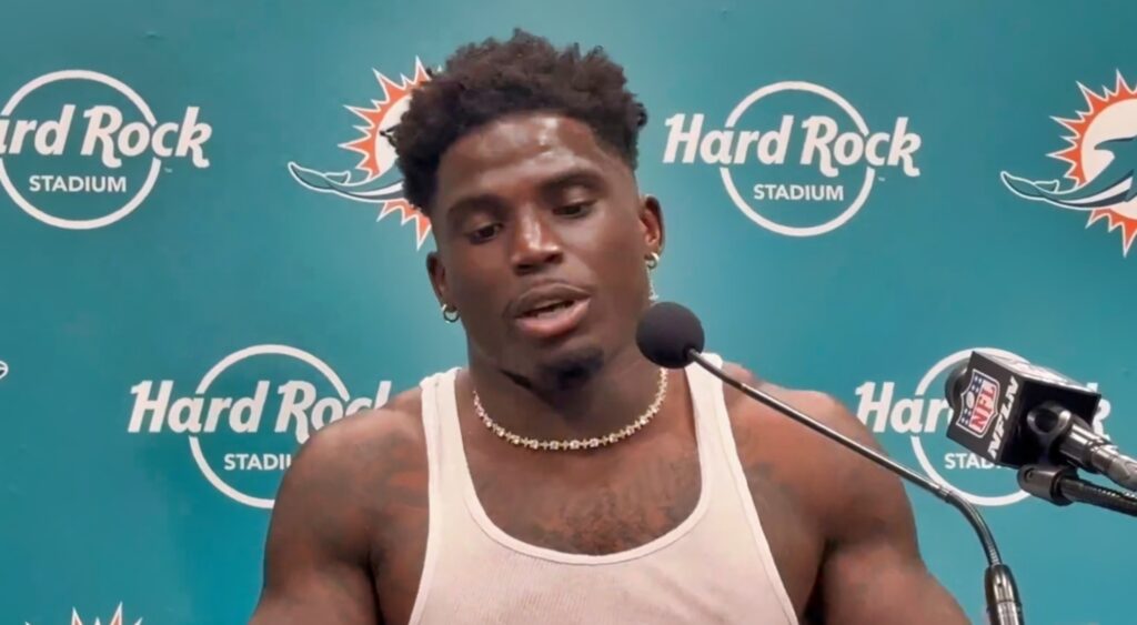 Tyreek Hill of Miami Dolphins speaking to reporters.