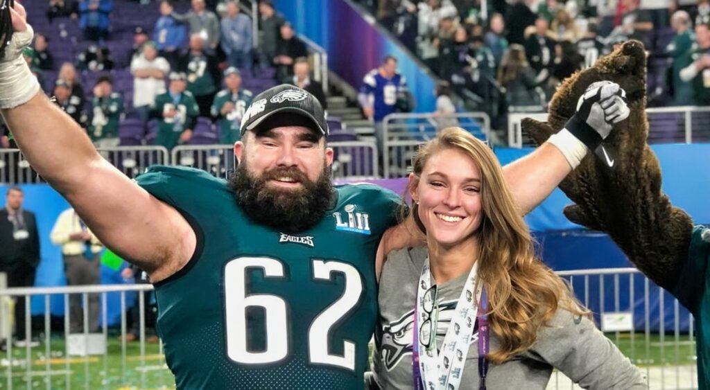 Jason Kelce and Kylie Kelce celebrating the Super Bowl