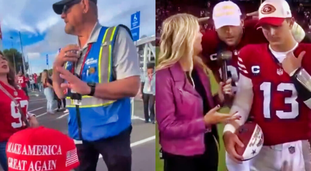 Photo of 49ers security and photo of Nick Bosa crashing interview