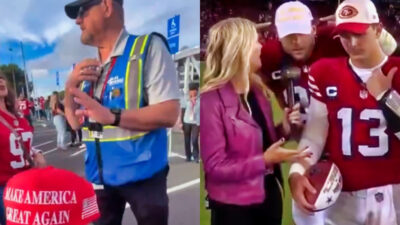 Photo of 49ers security and photo of Nick Bosa crashing interview