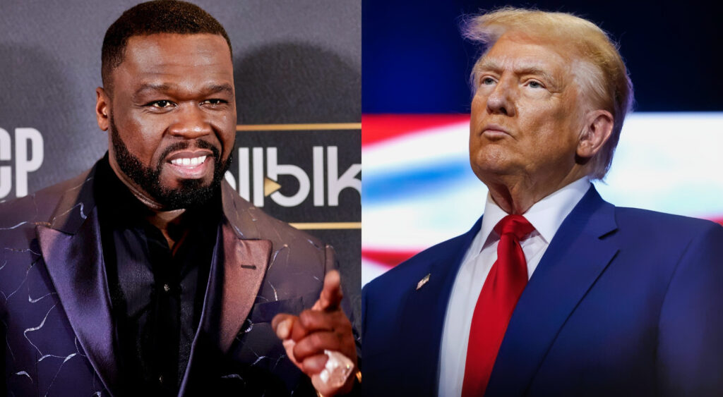 50 Cent pointing (left) and Donald Trump frowning (right)