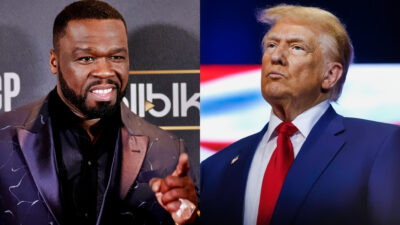 50 Cent pointing (left) and Donald Trump frowning (right)