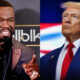 50 Cent pointing (left) and Donald Trump frowning (right)