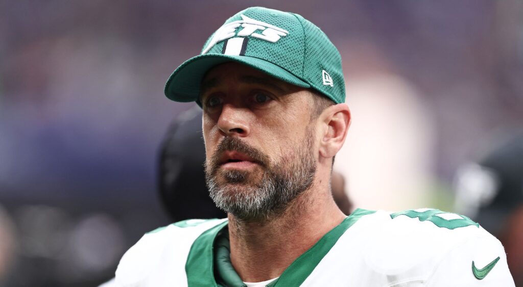 Aaron Rodgers of New York Jets looks on during the NFL match between New York Jets and Minnesota Vikings