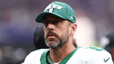 Aaron Rodgers of New York Jets looks on during the NFL match between New York Jets and Minnesota Vikings