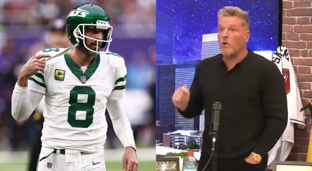 Aaron Rodgers n Jets uniform and Pat McAfee on his podcast show