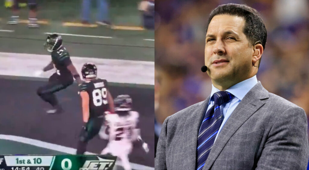 Photo of Texans-Jets game and photo of Adam Schefter in suit