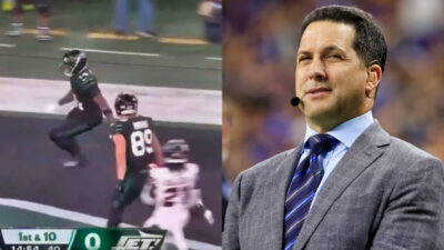 Photo of Texans-Jets game and photo of Adam Schefter in suit