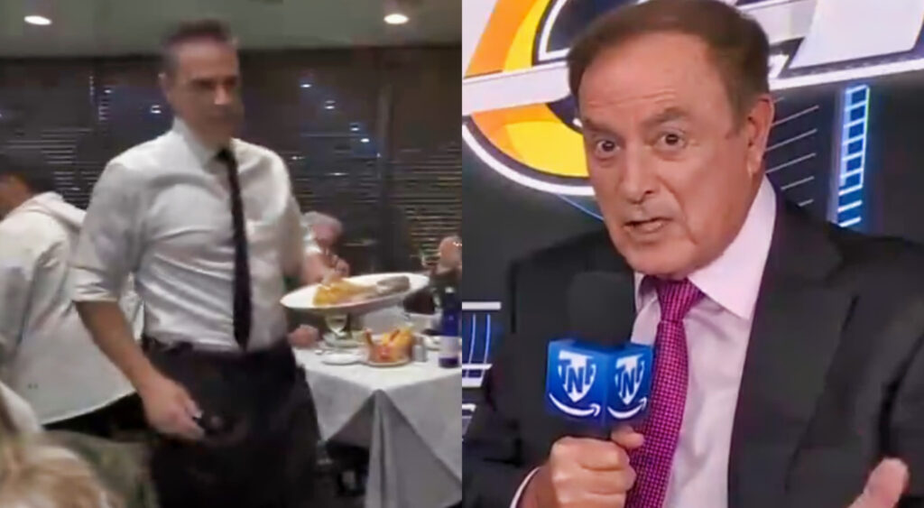 Photo of restaurant waiter and photo of Al Micheals holding microphone