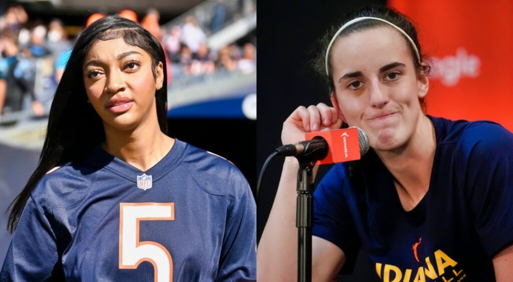 Angel Reese in Bears jersey and Caitlin Clark talking to reporters